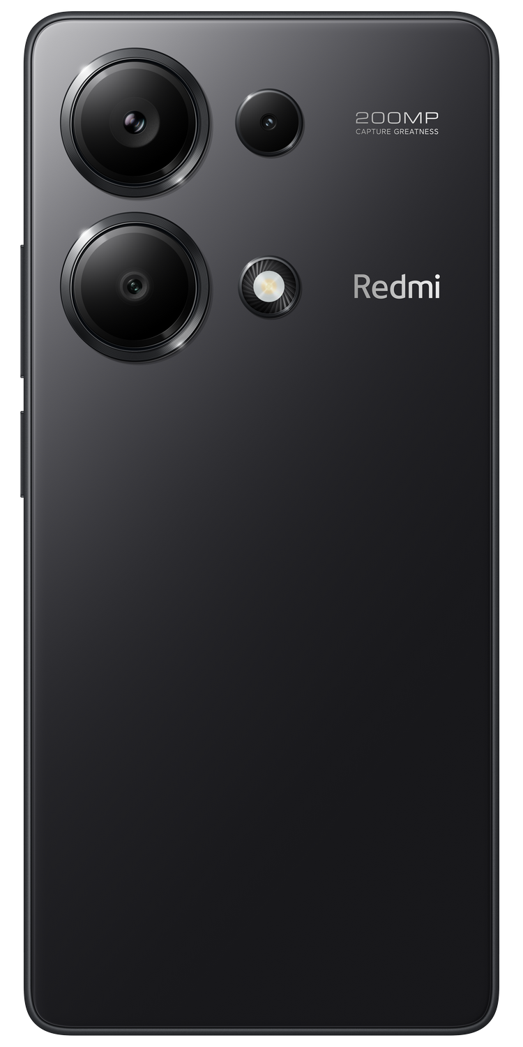 Un teléfono inteligente negro con tres cámaras traseras y la marca Redmi.