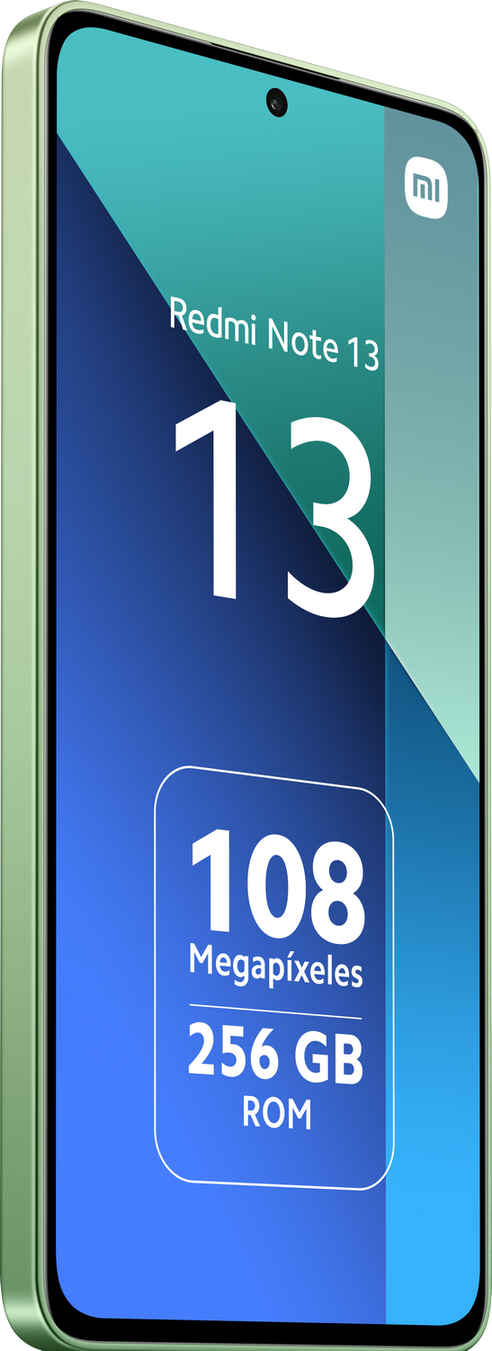 Teléfono verde Redmi Note 13, pantalla con número de modelo y especificaciones, fondo azul y blanco.