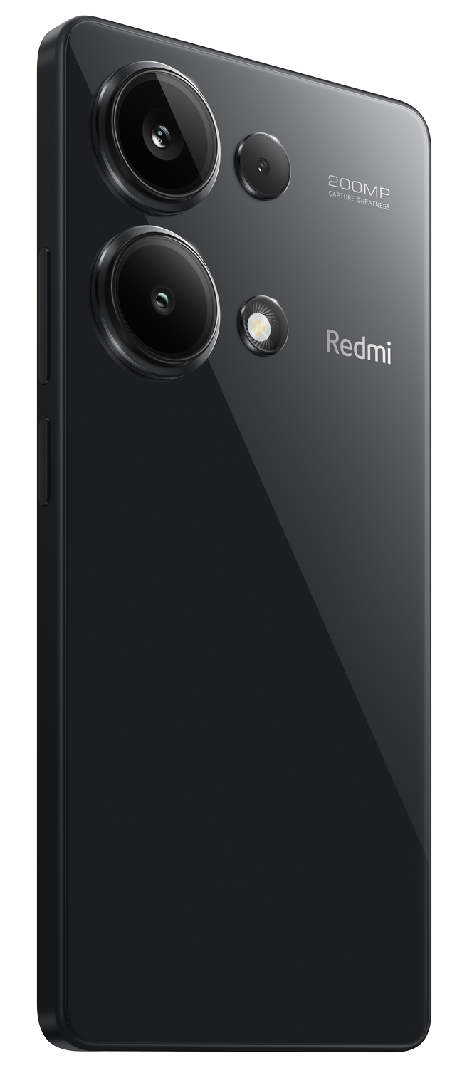 Un smartphone Redmi negro con dos cámaras traseras. El logotipo de Redmi es visible.