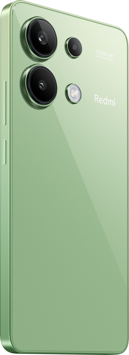 Un teléfono Redmi verde, que muestra las lentes de la cámara y la vista lateral. El teléfono es de color verde claro.