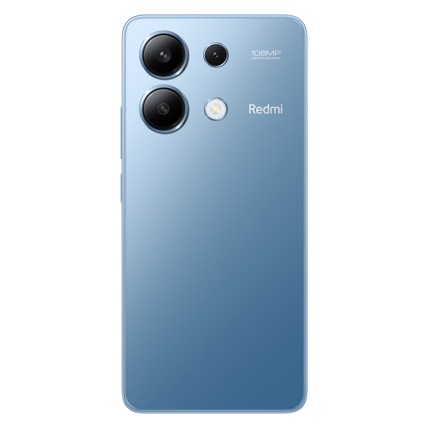 Parte trasera de smartphone azul con cámaras, logo Redmi y detalles de 108MP.