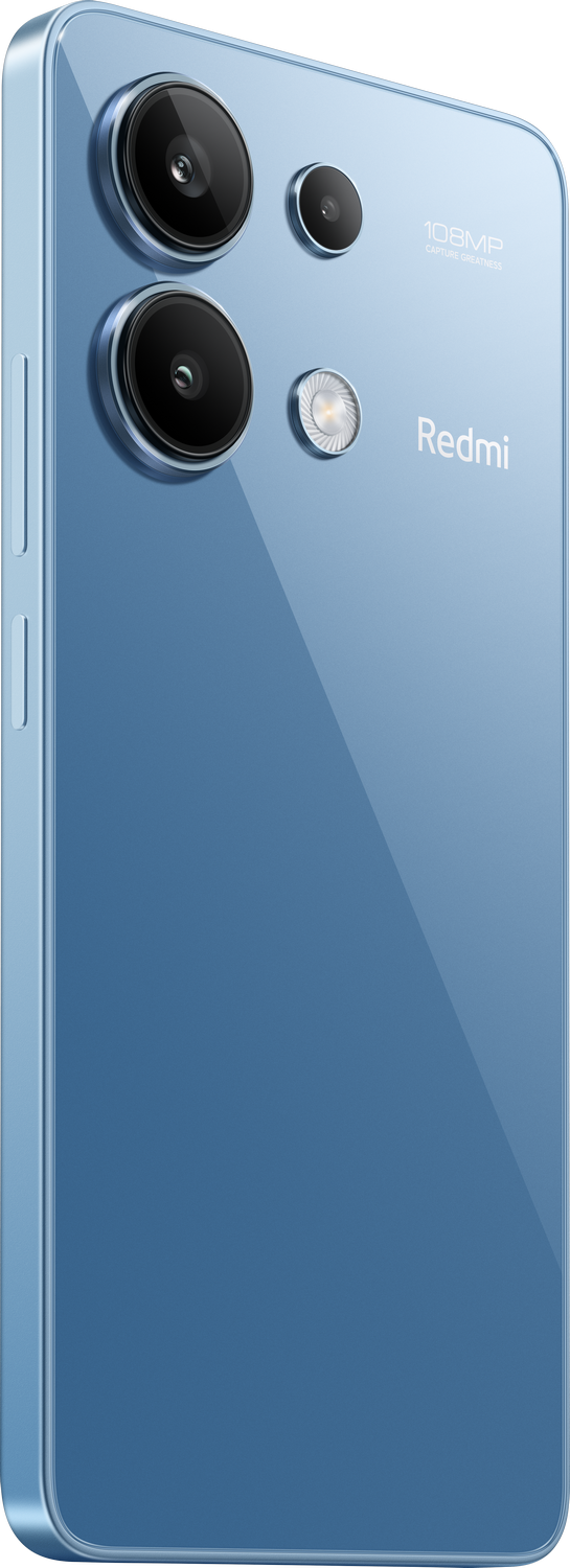 Un teléfono Redmi azul con tres cámaras traseras se muestra en ángulo.