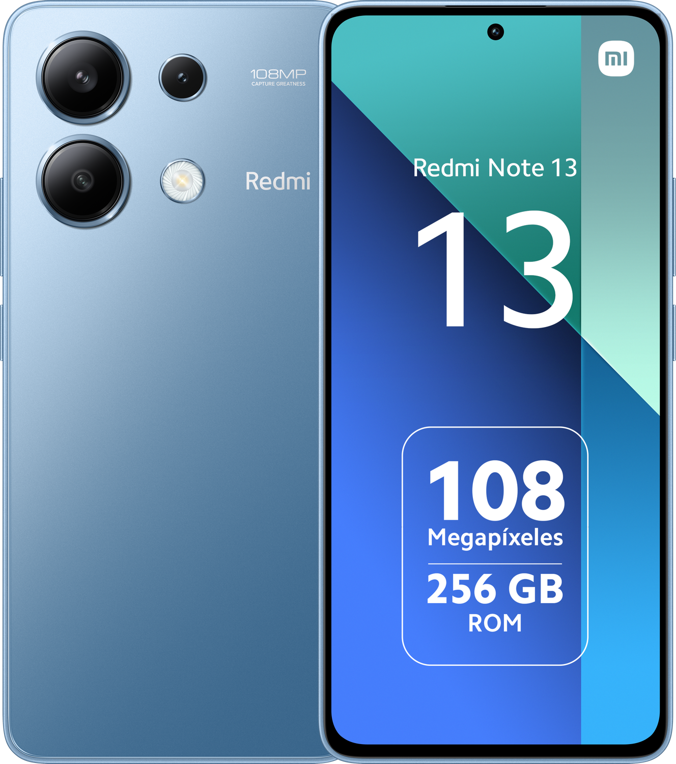 Un smartphone Redmi Note 13 azul claro, mostrando las pantallas trasera y frontal.