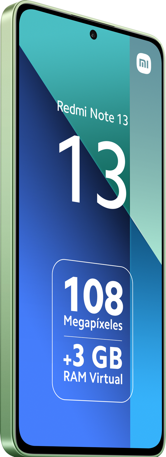 Un smartphone Redmi Note 13 verde con una gran pantalla que muestra '13' y otras especificaciones.