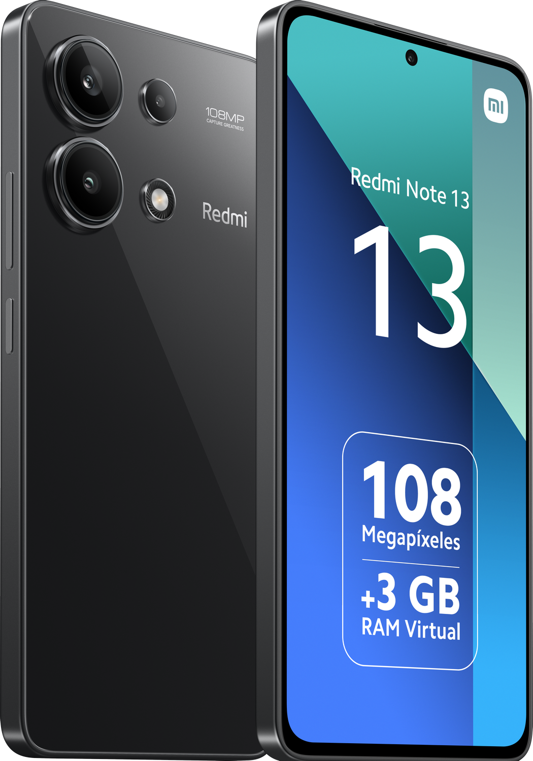 Teléfono negro Redmi Note 13 con triple cámara. Pantalla muestra '13' y especificaciones.