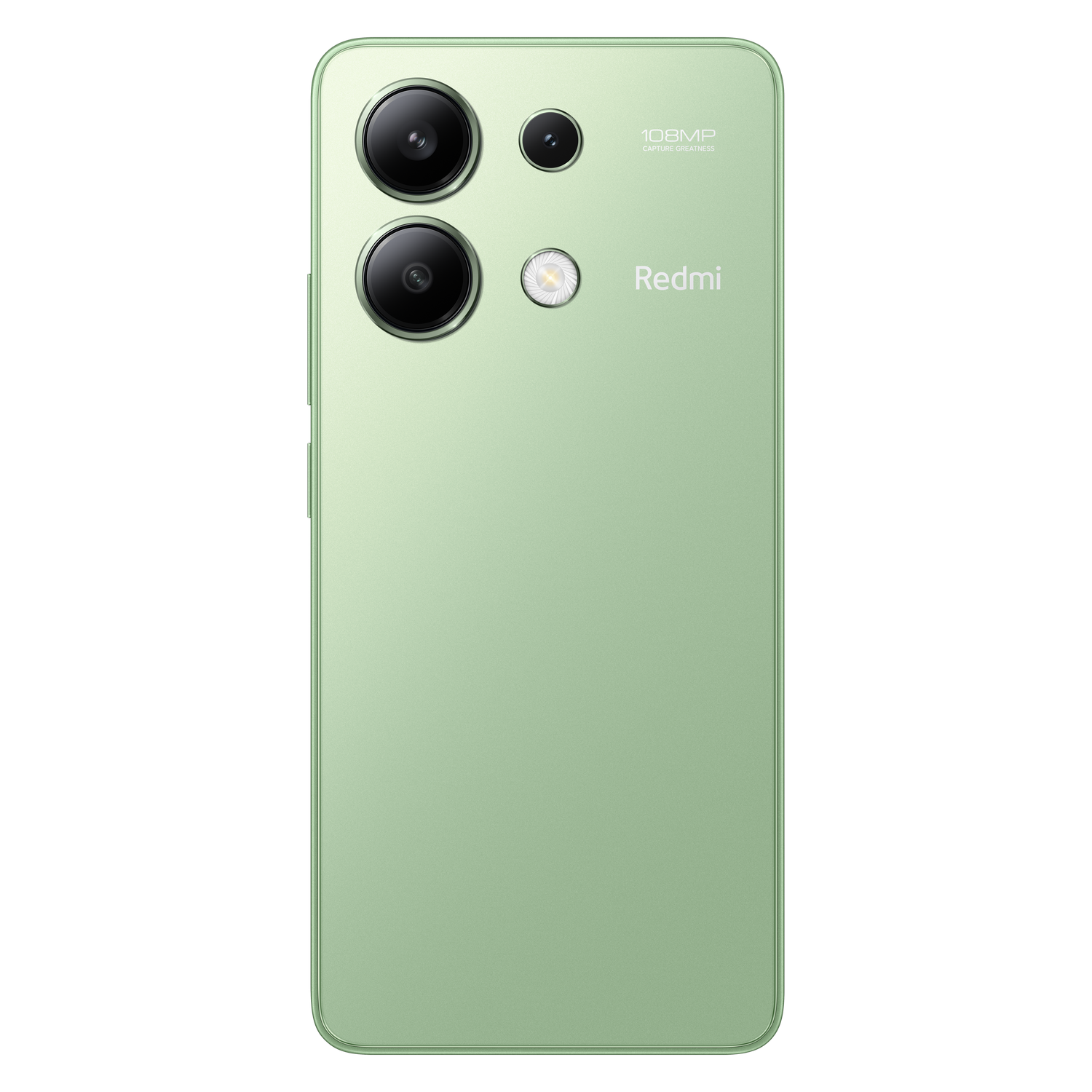 Un teléfono Redmi verde claro con tres cámaras y un logo Redmi sobre fondo negro.