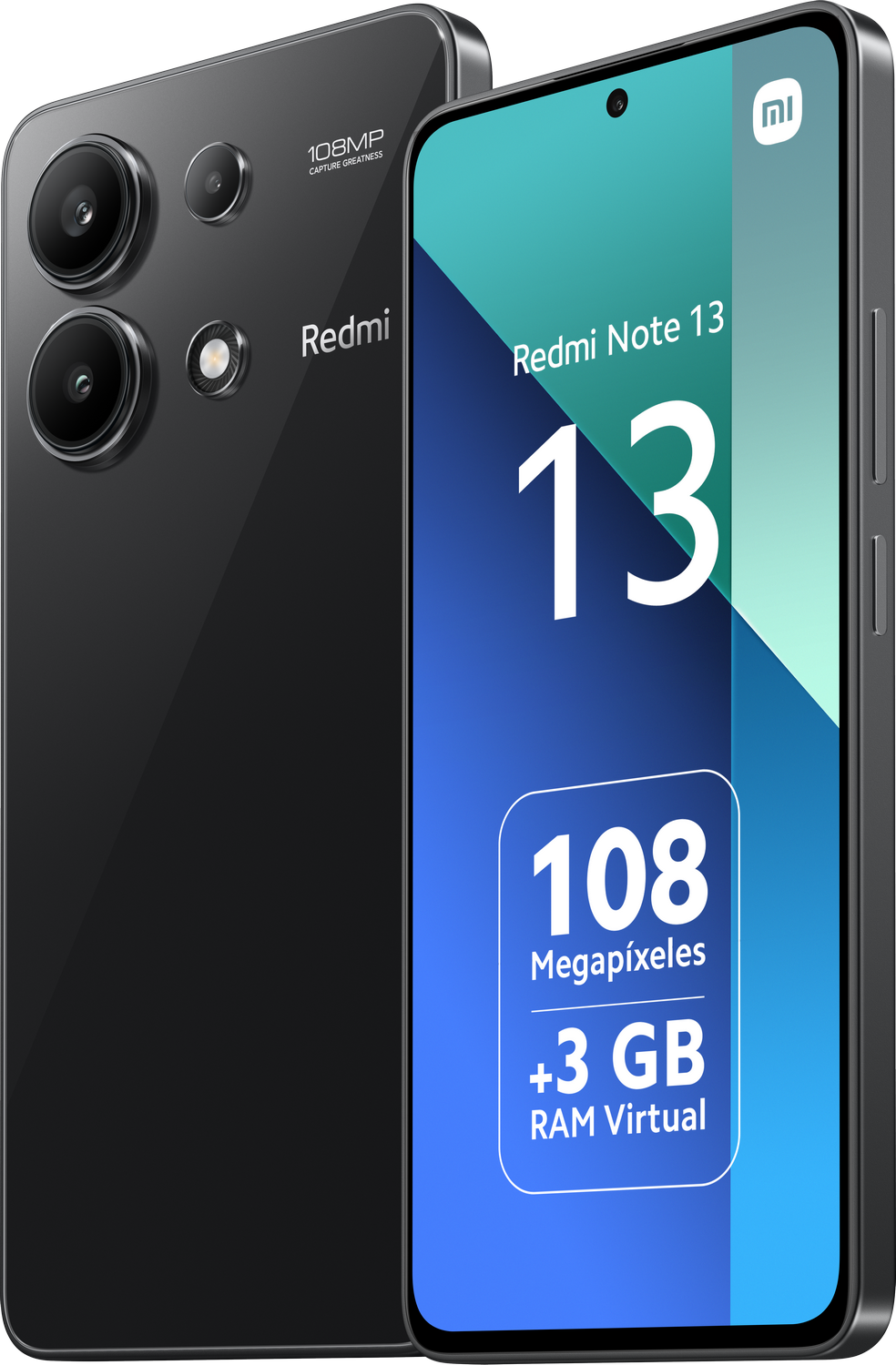 Un smartphone Redmi Note 13 negro. Visibles tres cámaras traseras y una frontal. Texto '108MP' y '3 GB' en la pantalla.
