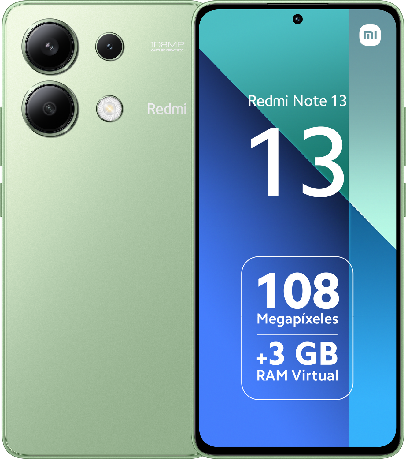 Teléfono Redmi Note 13 verde, vista trasera con cámaras y especificaciones.