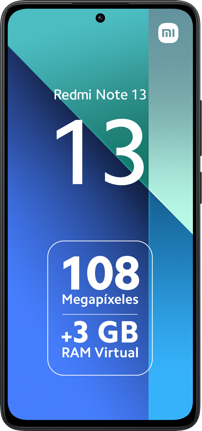 Un smartphone con el texto 'Redmi Note 13' y detalles sobre megapíxeles y RAM.