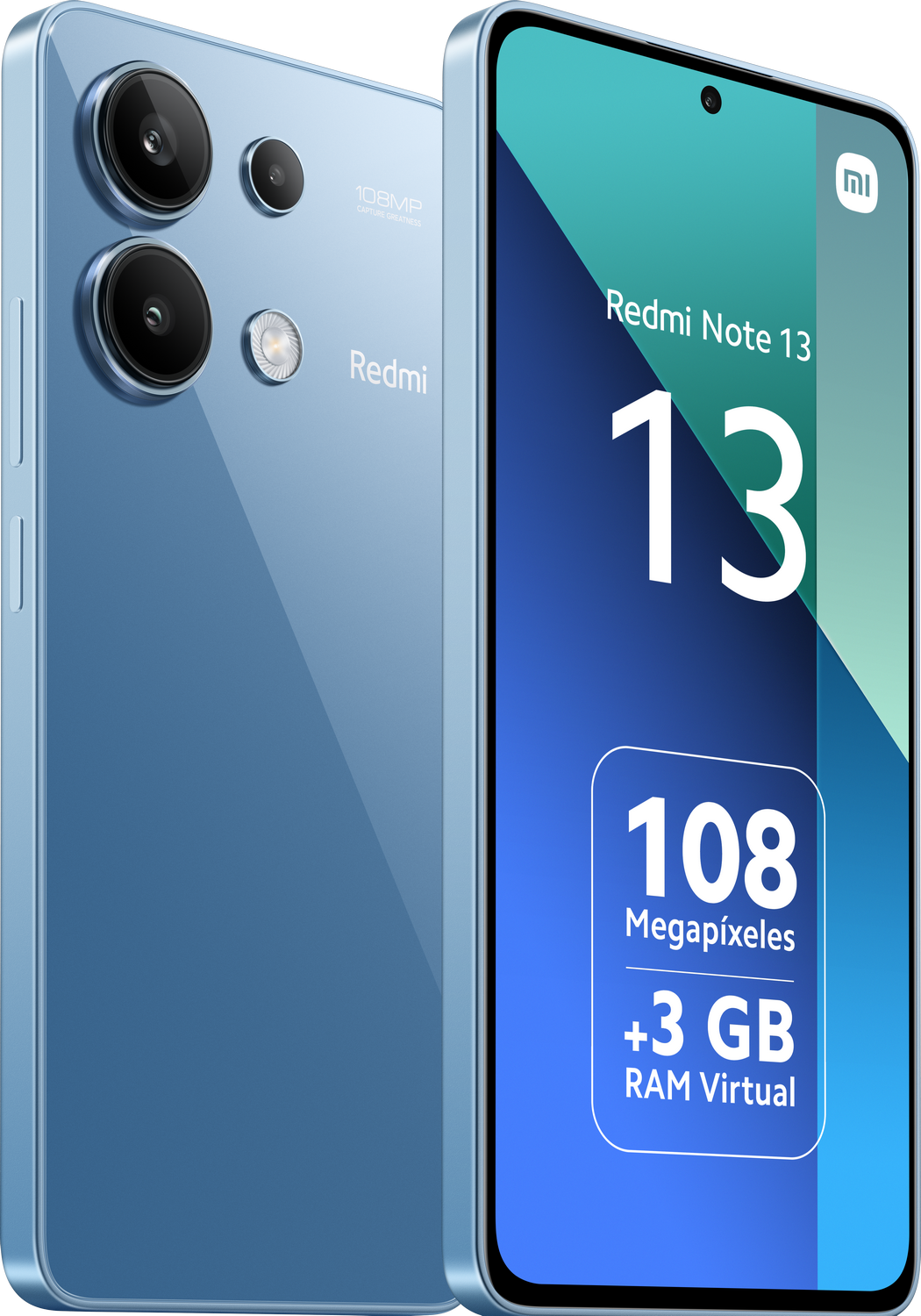 Un smartphone azul, que muestra la parte trasera y lateral. La parte trasera tiene varias cámaras. El texto indica las especificaciones de la cámara.