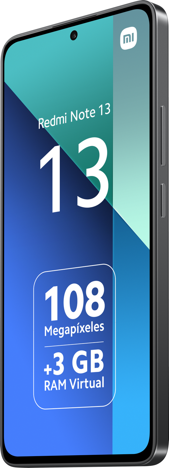 Un smartphone negro con un gráfico azul y blanco que muestra el título y las especificaciones del 'Redmi Note 13'.
