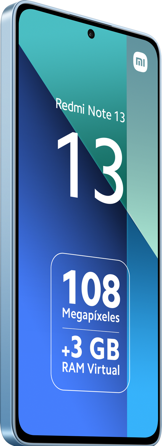 Un teléfono inteligente Xiaomi Redmi Note 13 azul claro.  La pantalla muestra el número 13 y especificaciones.