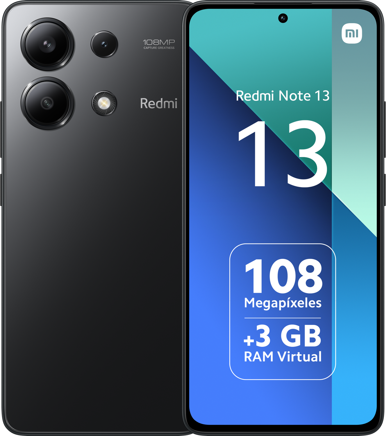 Smartphone Redmi Note 13 negro, mostrando su pantalla. Con triple cámara y el logo Redmi en la parte trasera.