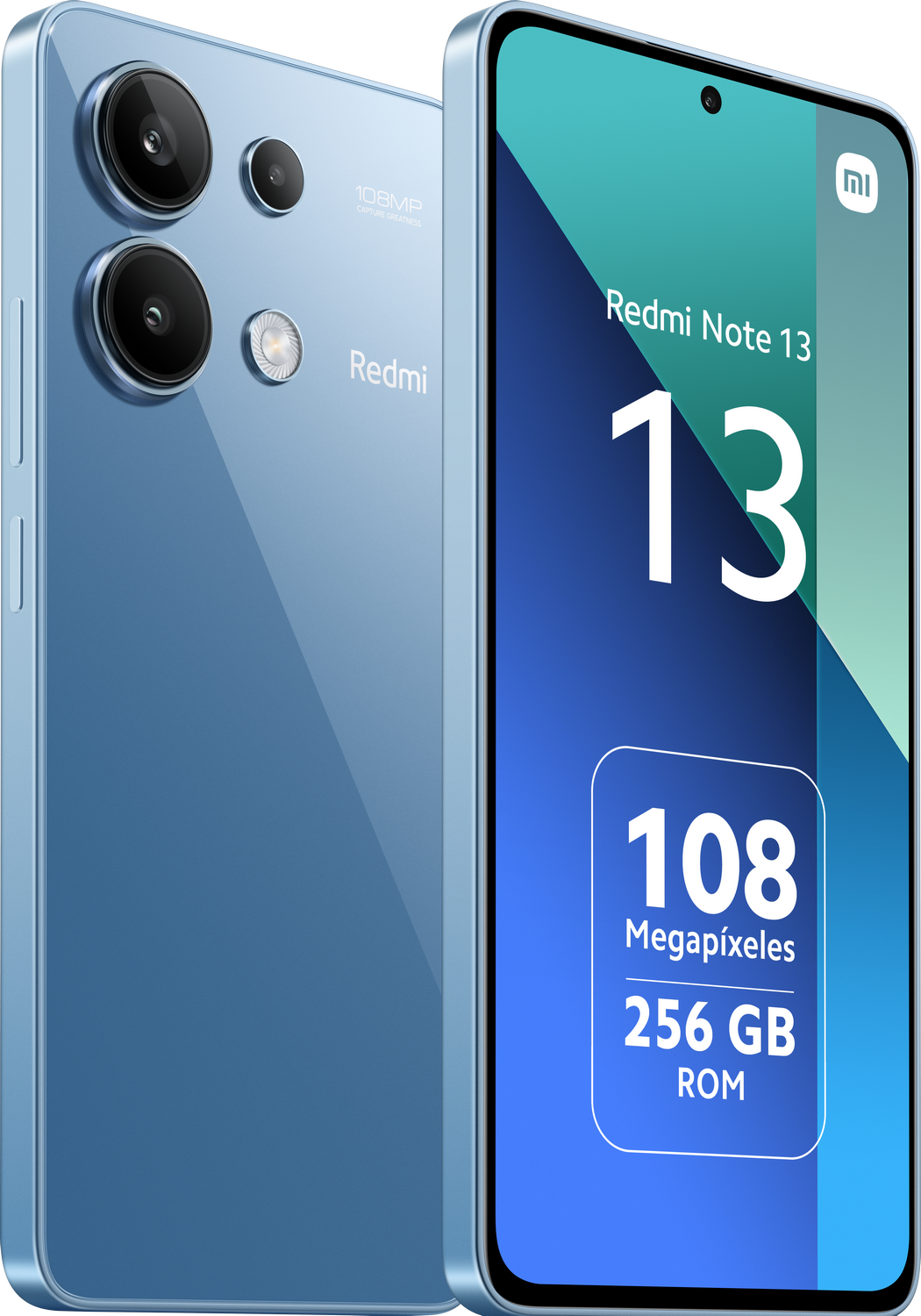 Smartphone Redmi Note 13 azul, con tres cámaras traseras. Pantalla muestra '13' y especificaciones.