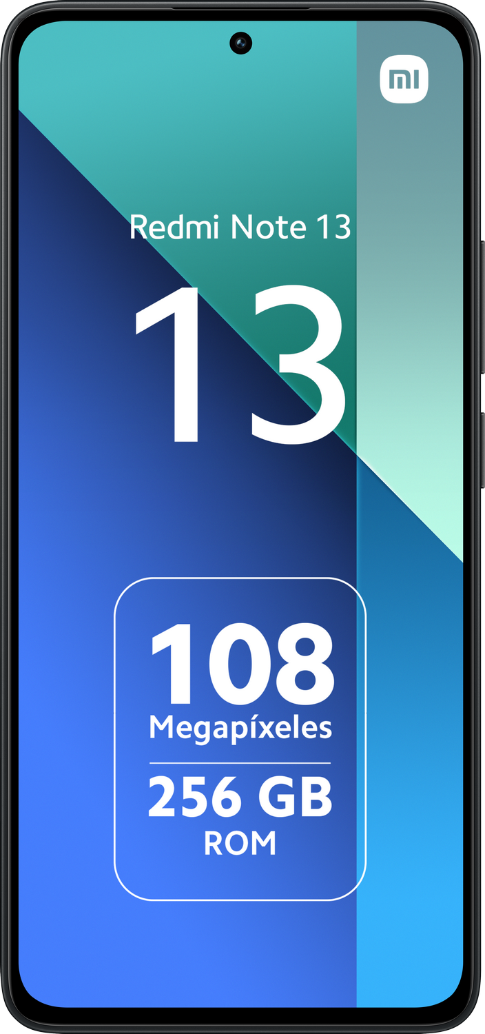 Pantalla del teléfono Redmi Note 13, número de modelo y especificaciones, fondo azul y blanco, marco blanco.