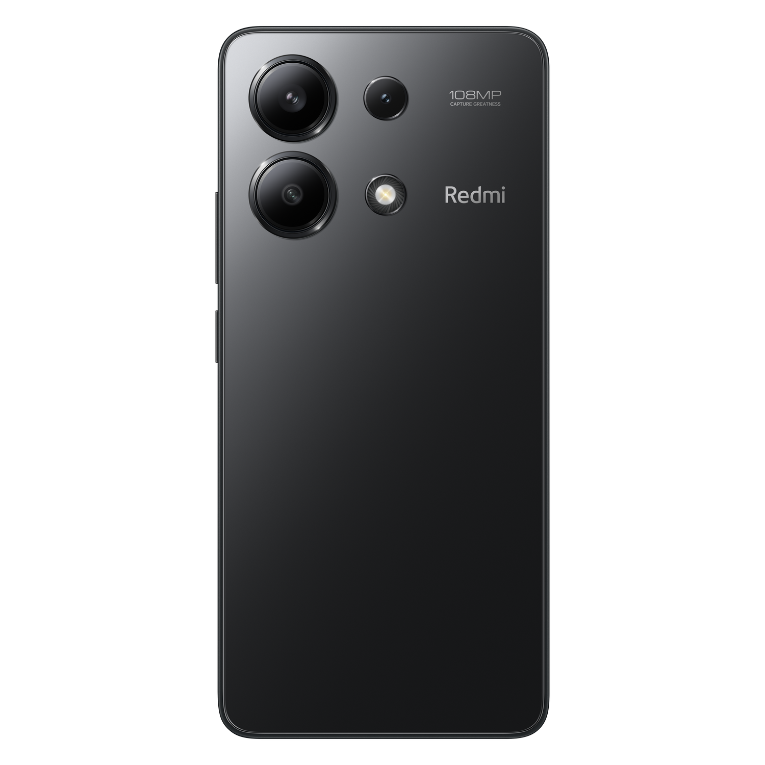 Teléfono Redmi negro, triple cámara, con lente roja.