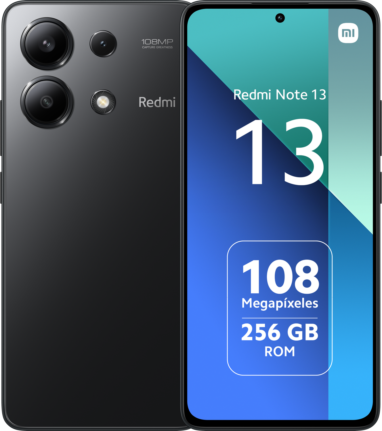 Teléfono negro Xiaomi Redmi Note 13, mostrando frente y parte trasera. Pantalla grande.