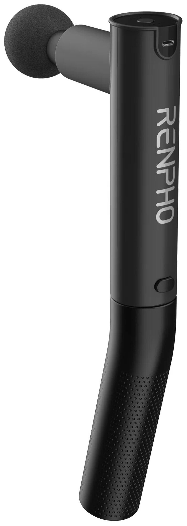 Czarny pistolet do masażu RENPHO, pod kątem, z okrągłą nasadką, na białym tle.
