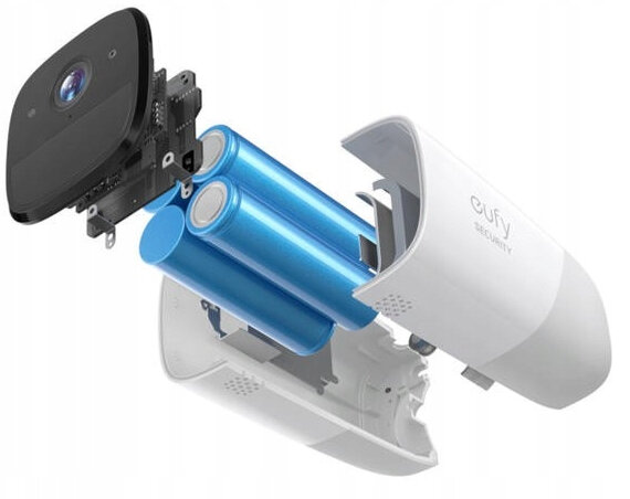 Przekrój kamery monitoringu z bateriami wewnątrz, pokazujący elementy wewnętrzne.