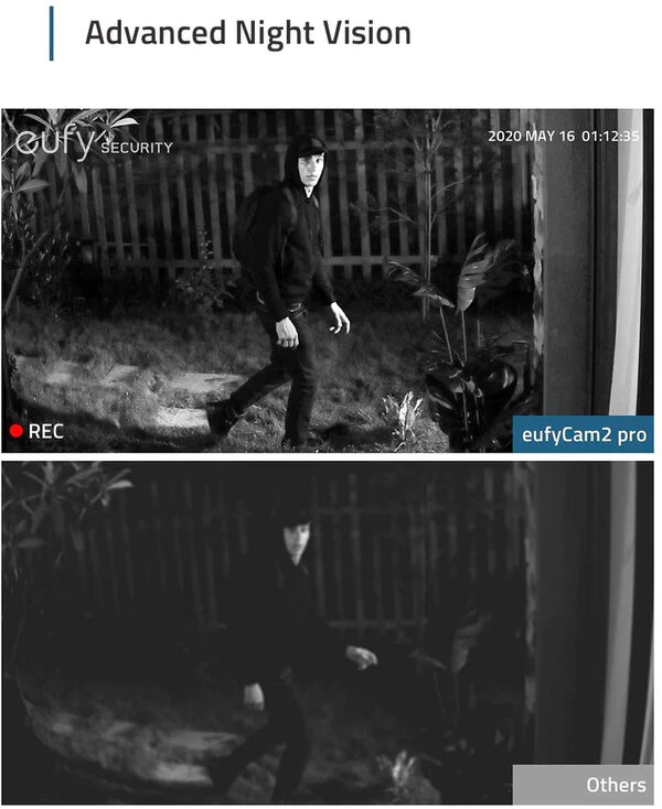 Nagranie z kamery bezpieczeństwa z noktowizorem, pokazujące osobę spacerującą w nocy.