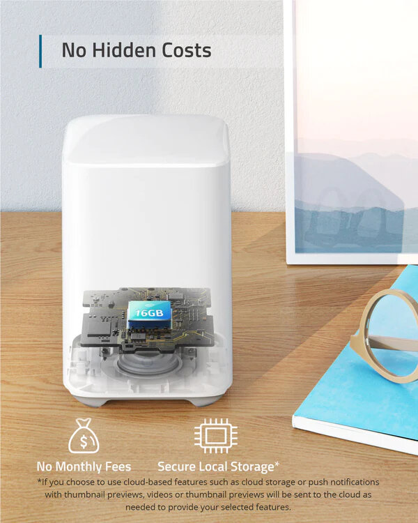 Białe urządzenie smart home z przezroczystą sekcją, wyświetlające komponenty wewnętrzne.