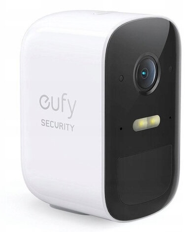 Biała kamera bezpieczeństwa eufy z czarnym przodem. Posiada obiektyw i światło statusu.