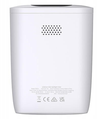 Białe urządzenie zabezpieczające z głośnikiem, modelem i szczegółami logo na tylnej stronie.