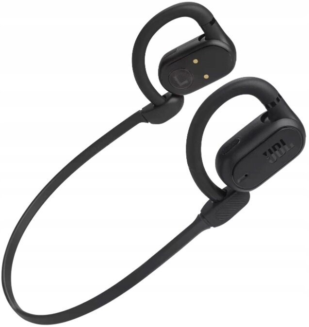 Czarne bezprzewodowe słuchawki sportowe. Widoczne zaczepy na uszy i kabel na szyję.