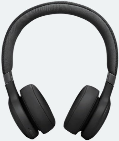 Czarne słuchawki nauszne z materiałowym pałąkiem. Muszle są okrągłe i mają logo.