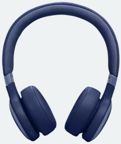 Niebieskie słuchawki nauszne z wyściełanym pałąkiem i nausznicami, na białym tle.