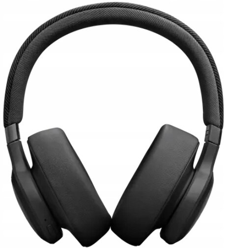 Czarne słuchawki bezprzewodowe z wyściełanym pałąkiem i nausznikami. Na białym tle.