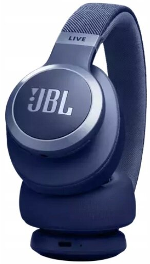 Niebieskie bezprzewodowe słuchawki JBL Live ze srebrną opaską, widoczne z boku.