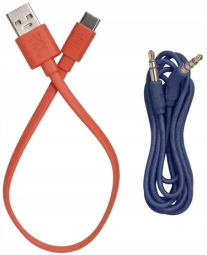 Czerwone kable USB i USB-C z pomarańczowymi akcentami oraz niebieski pleciony kabel audio.