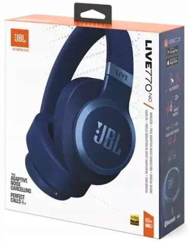 Pudełko słuchawek JBL Live 770NC, ze słuchawkami i informacjami o produkcie.