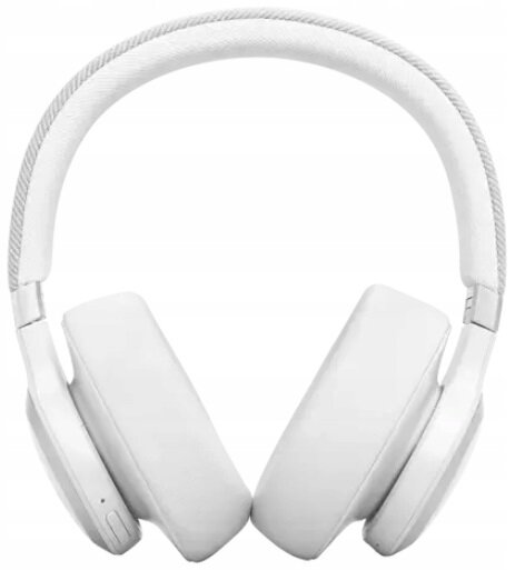 Białe słuchawki nauszne z wyściełanym pałąkiem i nausznicami.