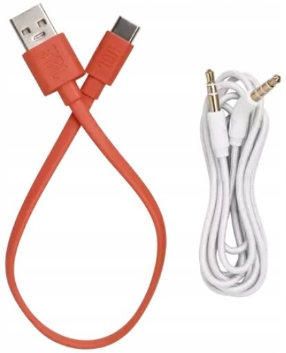 Pomarańczowy kabel USB-C z wtyczką USB i USB-C obok białego kabla audio z dwoma jackami 3,5 mm.