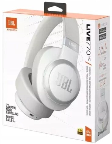 Białe słuchawki JBL w pudełku. Pudełko przedstawia słuchawki i ich funkcje.