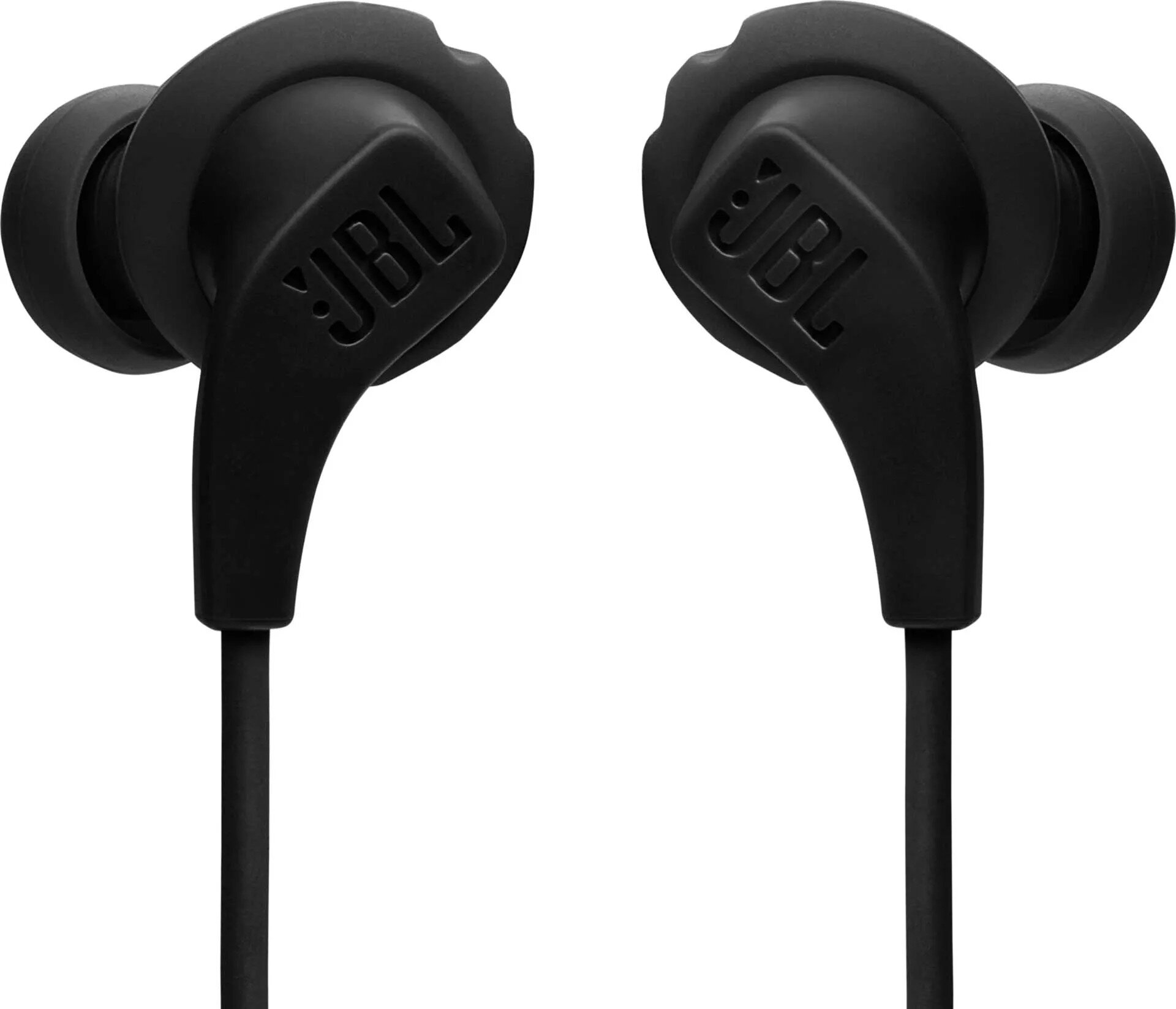 Czarne słuchawki JBL z logo JBL, połączone kablem.