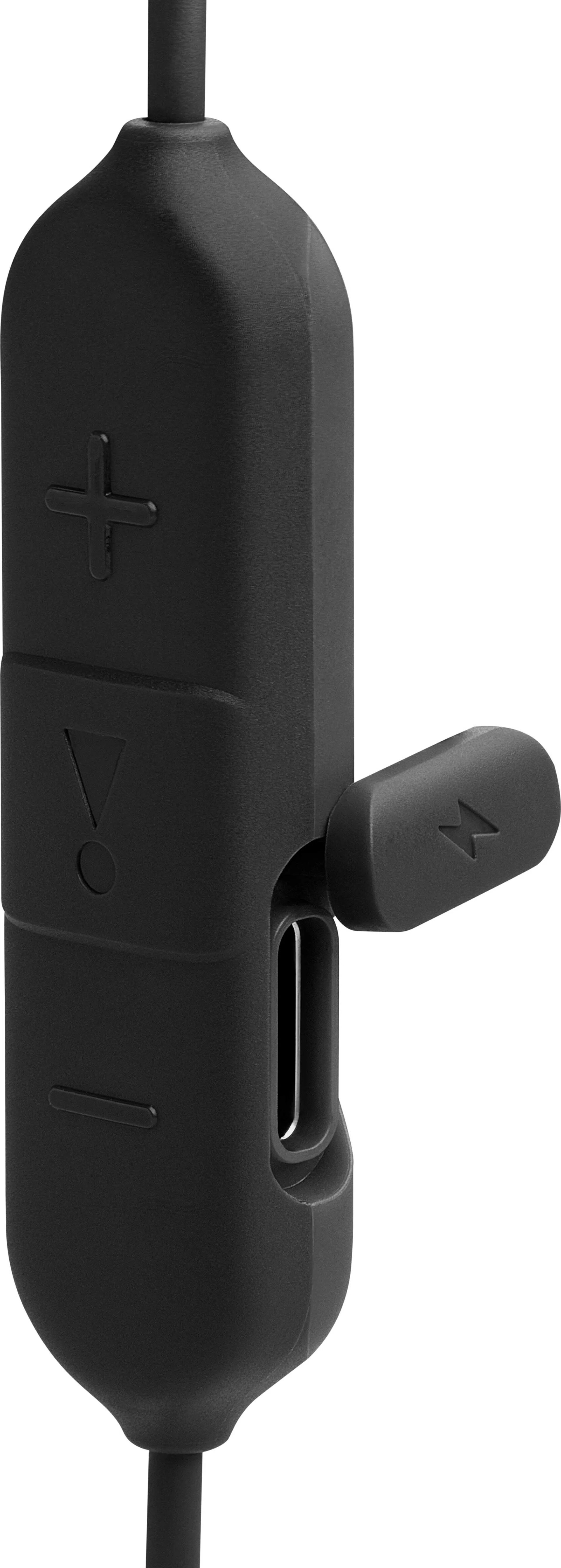 Czarny kontroler in-line do słuchawek, z przyciskami i portem USB-C.