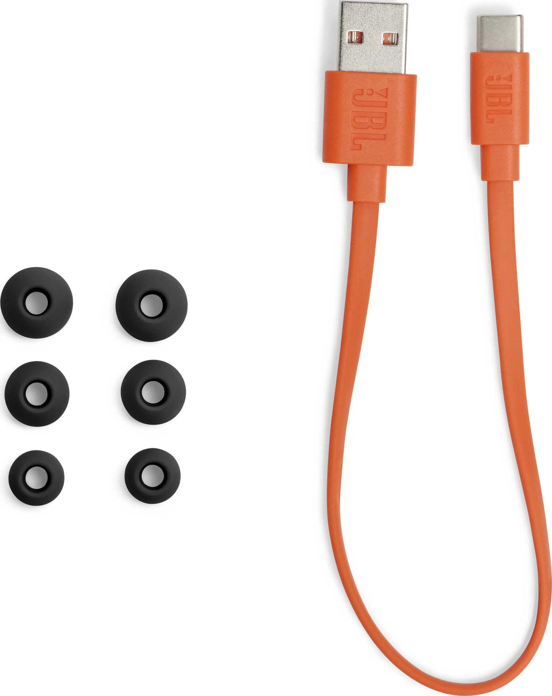 Pomarańczowe kable USB i USB-C JBL z czarnymi końcówkami wkładek. Kable i końcówki wkładek.