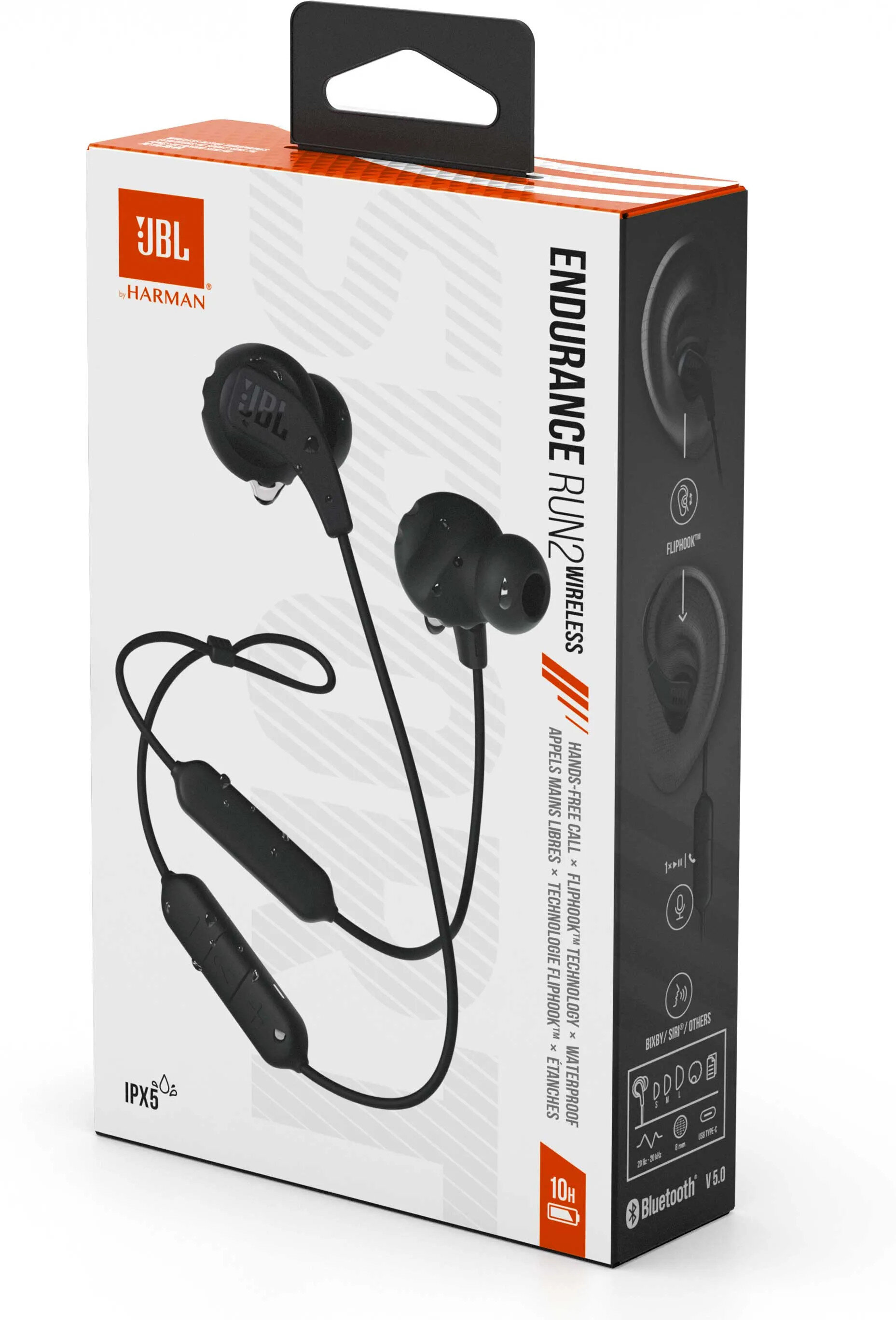 Bezprzewodowe słuchawki JBL Endurance Run 2 w pudełku. Pudełko zawiera obrazy i tekst o słuchawkach.