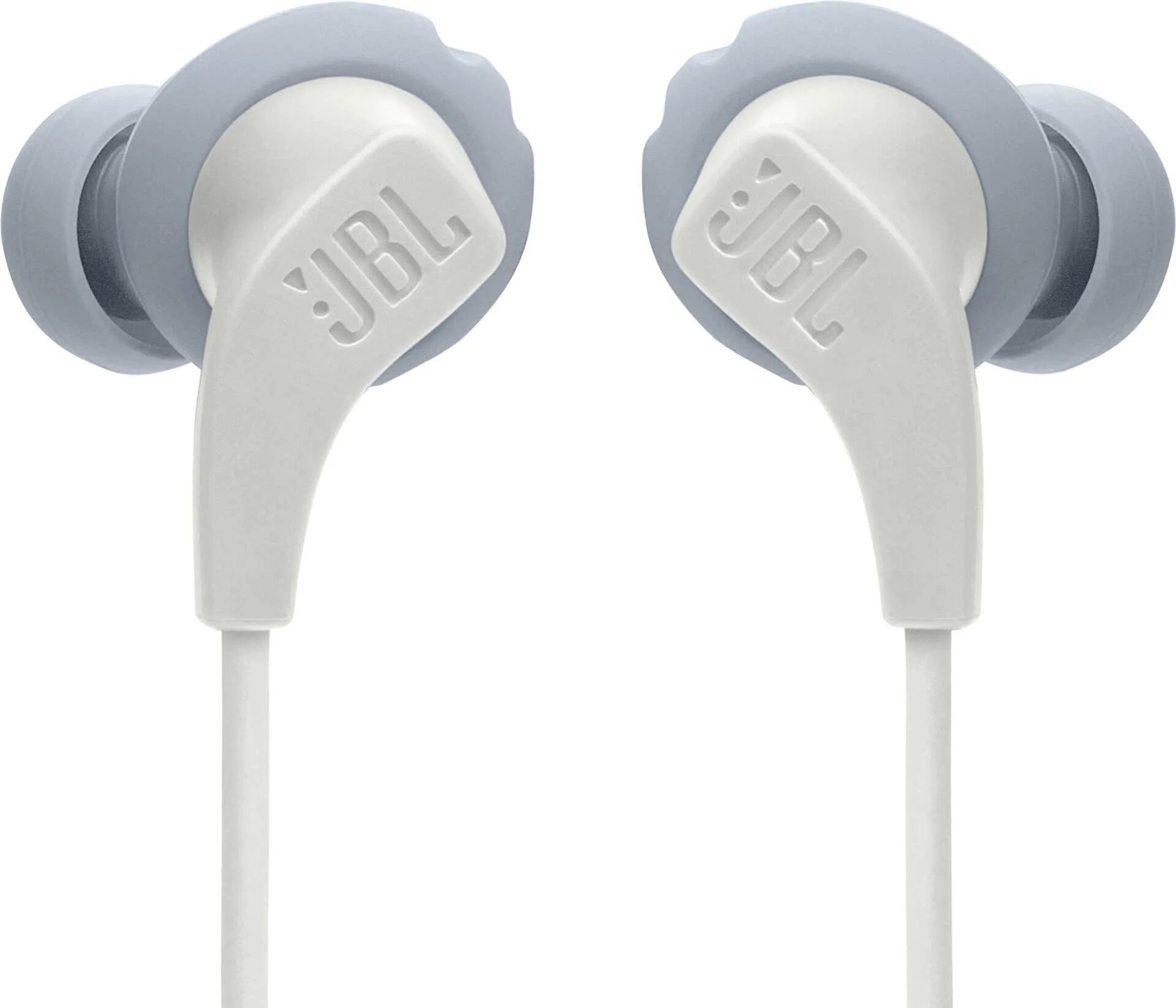 Białe i szare słuchawki JBL. Mają biały korpus i szary pierścień wokół końcówki ucha.