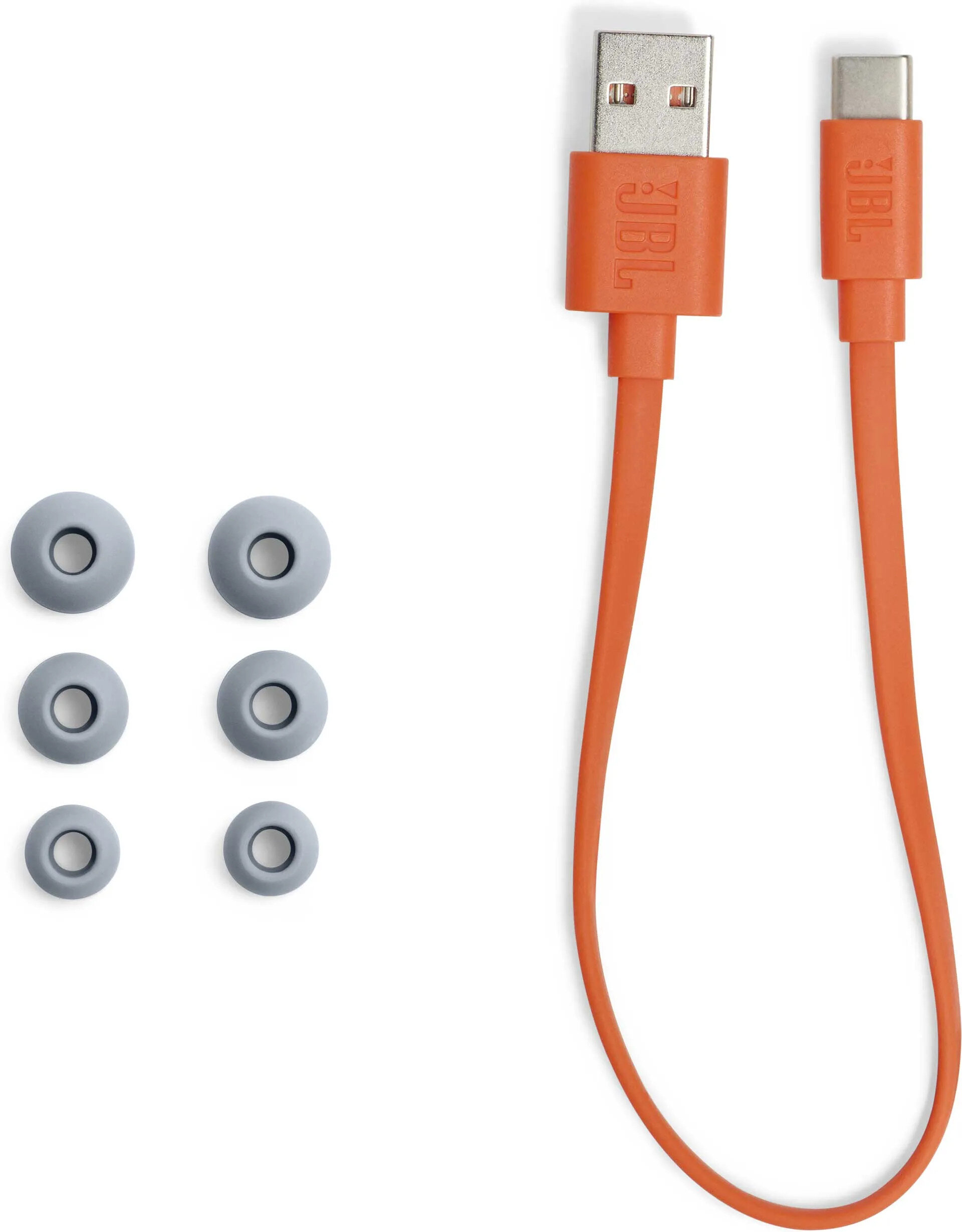Pomarańczowe słuchawki JBL z kablem USB-A i USB-C. Pokazano również sześć szarych końcówek.
