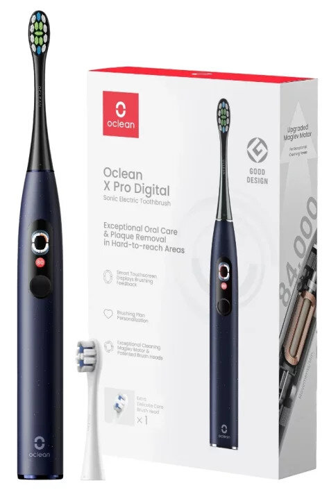 Szczoteczka do zębów Oclean X Pro Digital, pudełko i dodatkowa główka na białym tle.