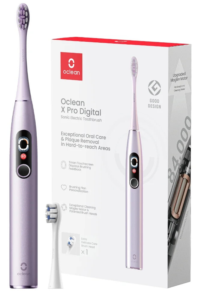 Fioletowa szczoteczka elektryczna, pudełko z informacjami.