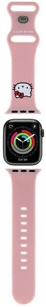 Różowy pasek do Apple Watch Hello Kitty. Wzór Hello Kitty na górze. Zegarek jest czarny.
