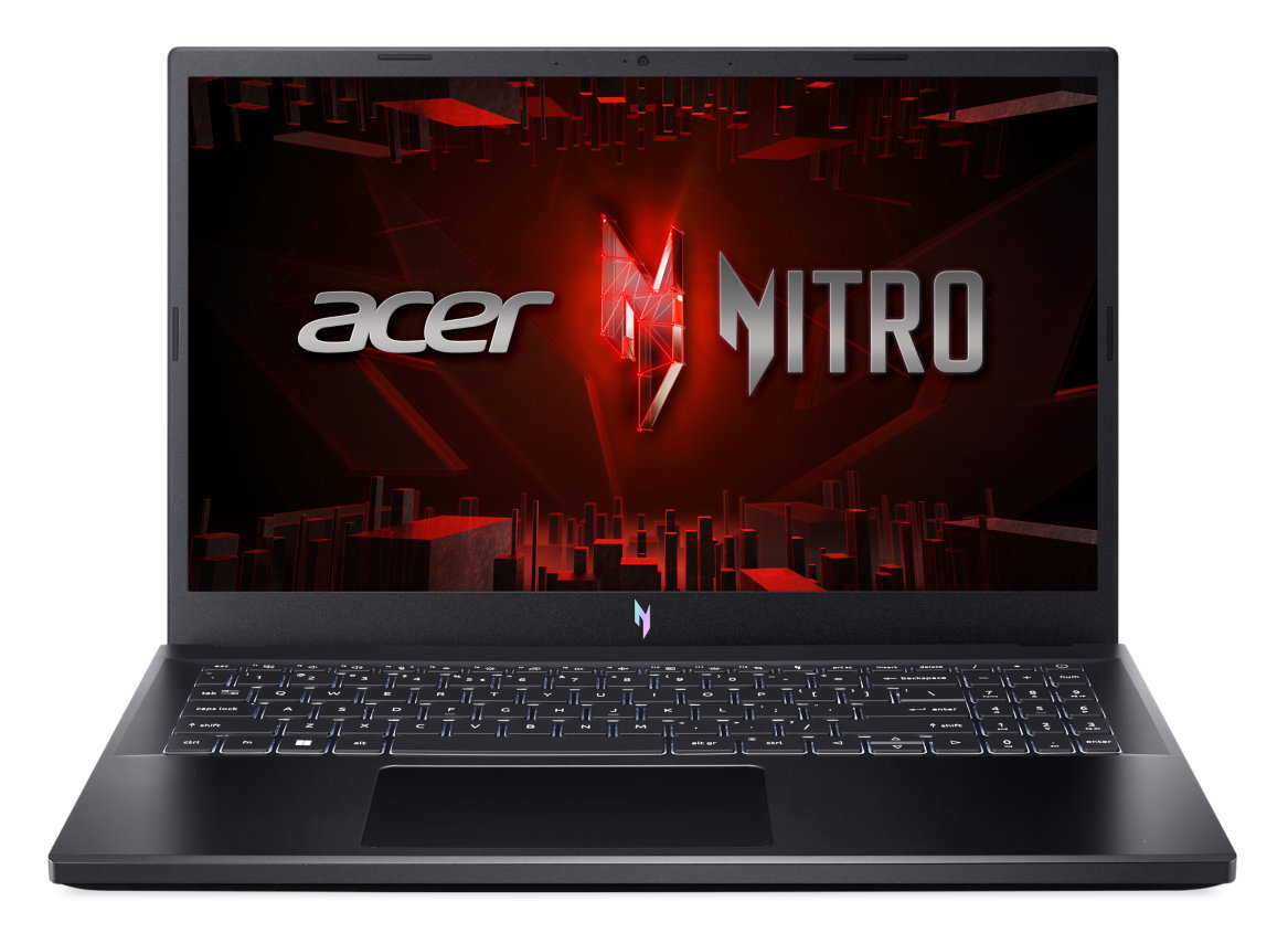 Czarny laptop z logo Acer Nitro na ekranie. Czarny i czerwony design.