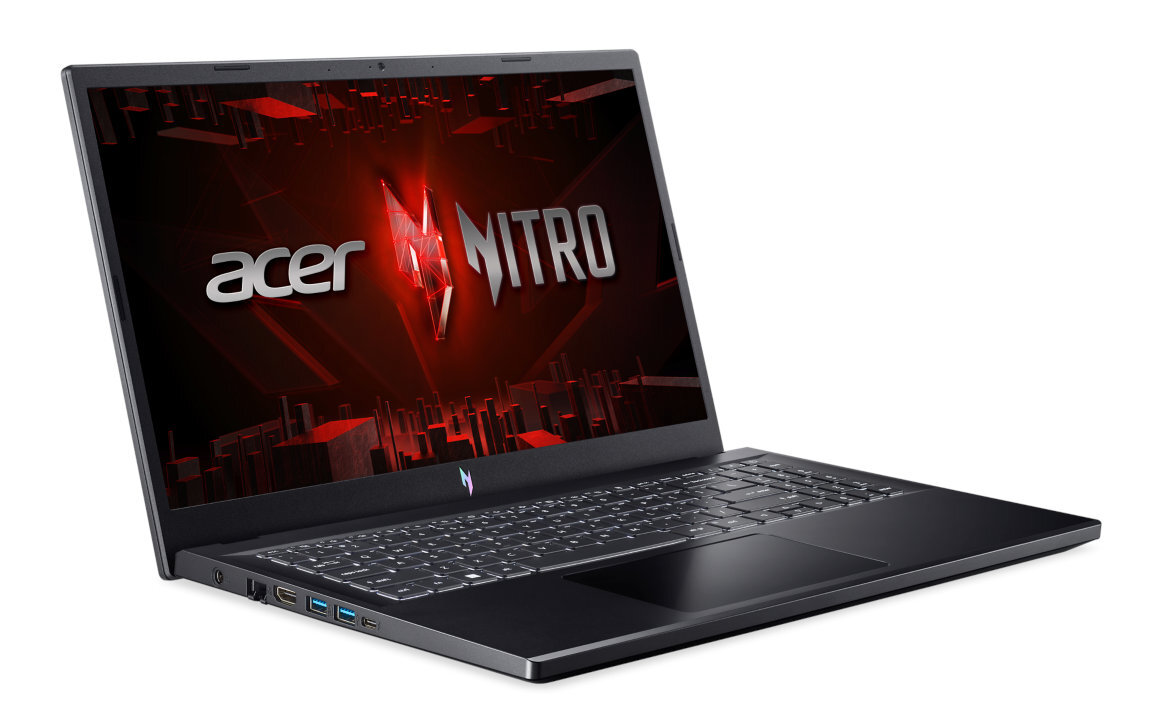 Czarny laptop Acer Nitro z podświetlanym ekranem, czerwonym logo i klawiaturą.