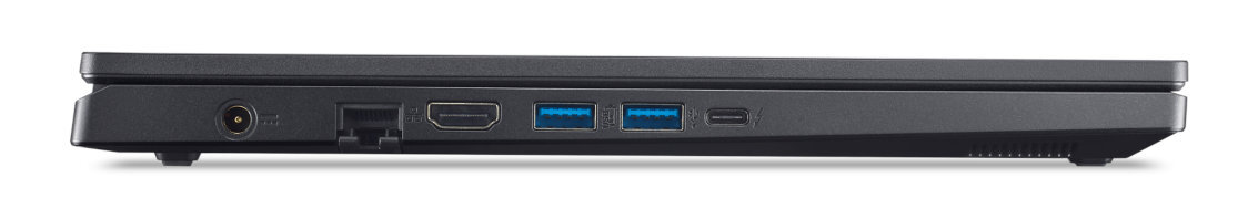Widok z boku laptopa z różnymi portami. Posiada port zasilania, HDMI, USB i port USB-C.