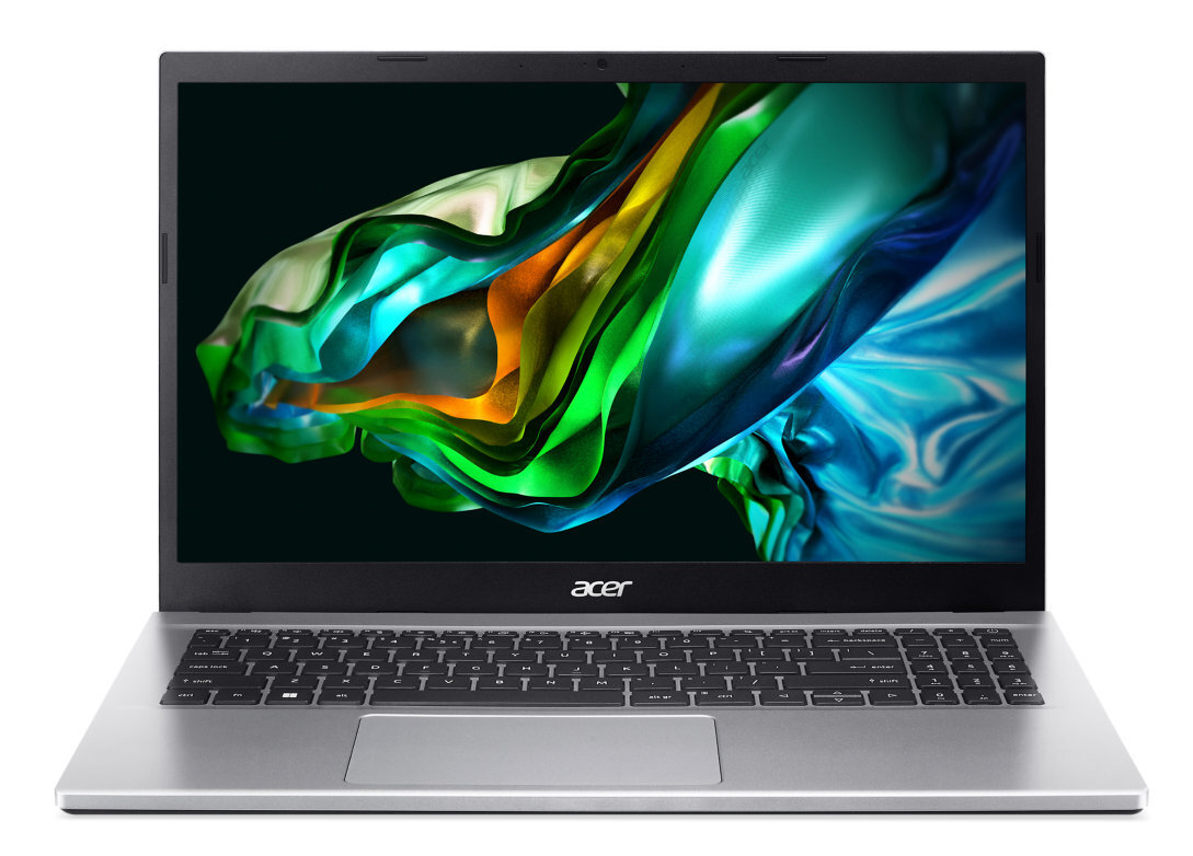 Srebrny laptop z kolorowym ekranem wyświetlającym abstrakcyjne kształty.
